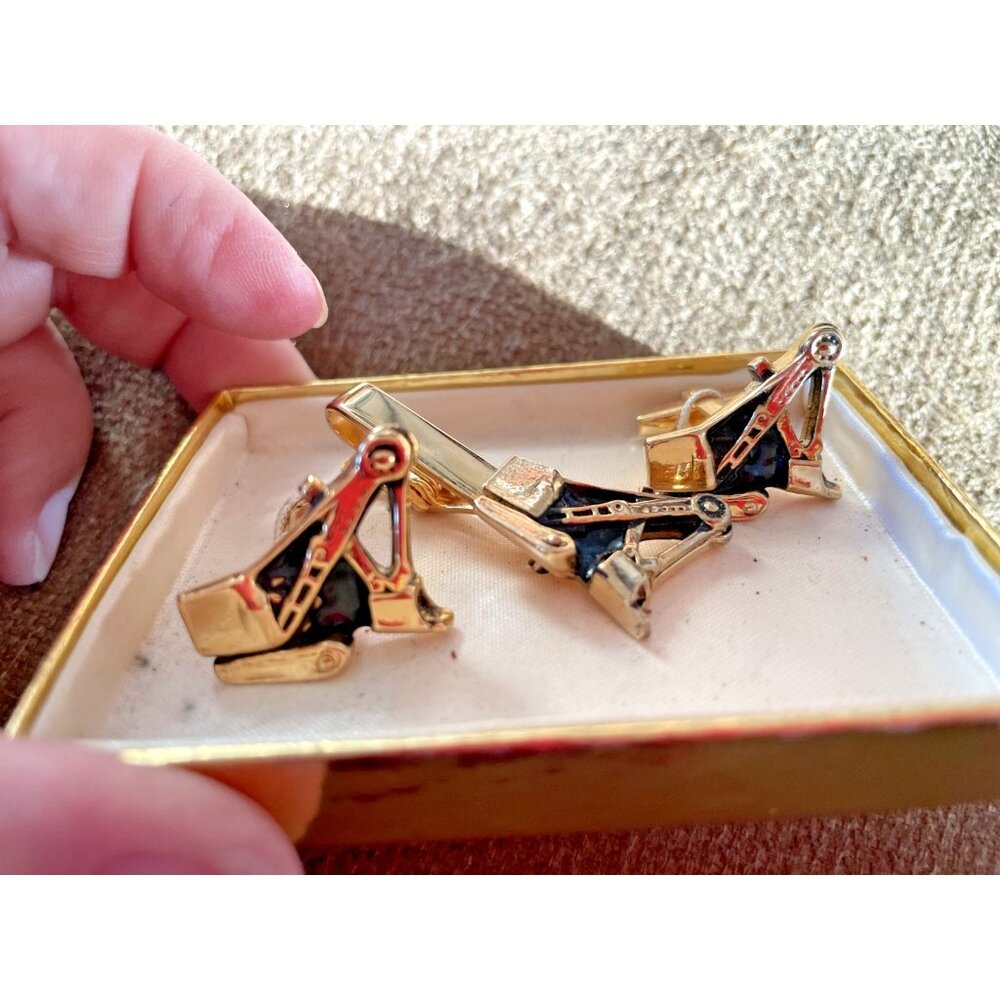Vintage‎ Men's Gold Steam Shovel Backhoe Cufflink Tie Tack Set